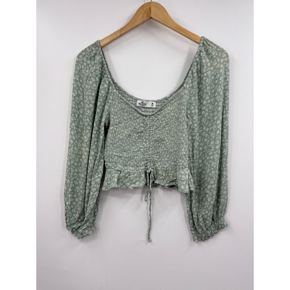 Hollister Y2K Smocked Peasant Crop Top Sage‎ Green Floral Long Sleeve M